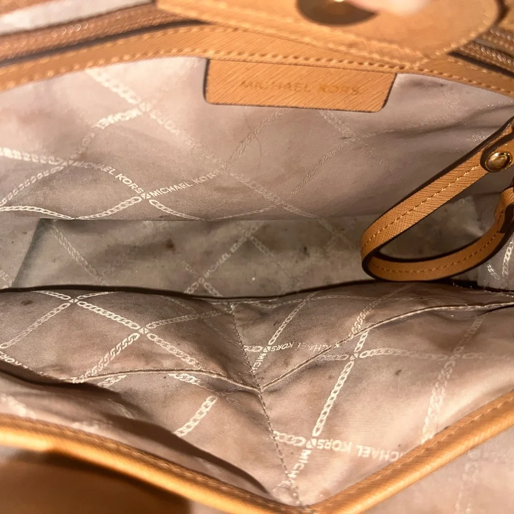 Michael Kors Cream and Tan MK Monogram Satchel